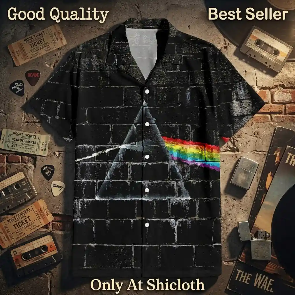 Pink Floyd Hawaiian shirt on a rustic background with vintage cassette tapes and concert tickets.