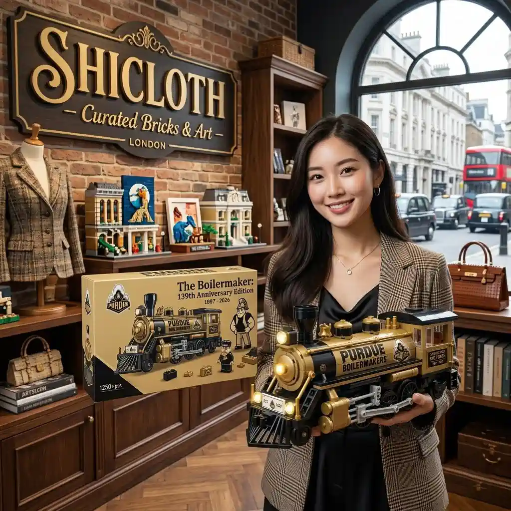 A woman holding a Purdue Boilermakers 139th Anniversary Edition building block train set inside a brick-and-mortar hobby shop.