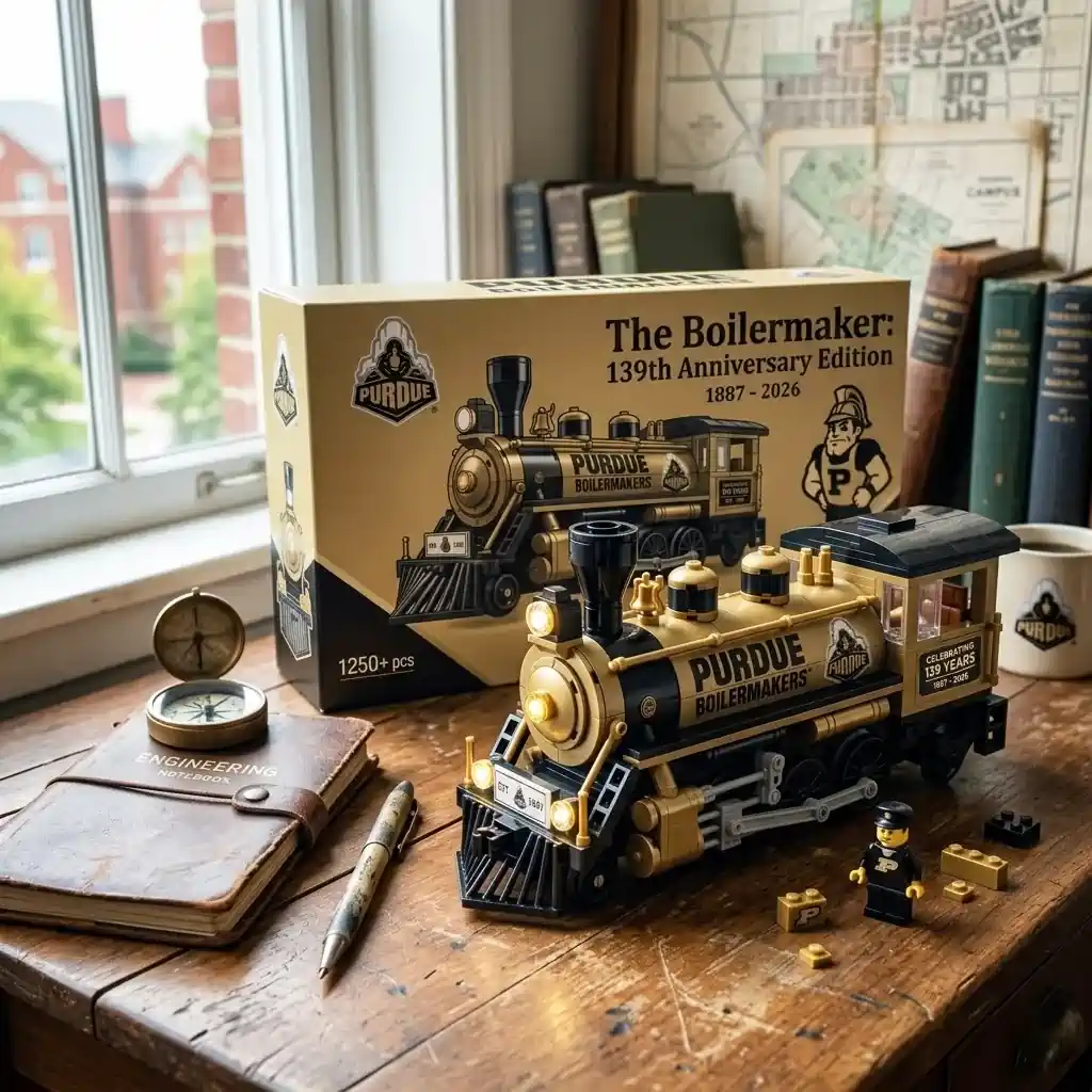 Purdue Boilermakers 139th Anniversary Building Brick Edition 3 Purdue Boilermakers 139th anniversary edition train building set on a wooden desk.