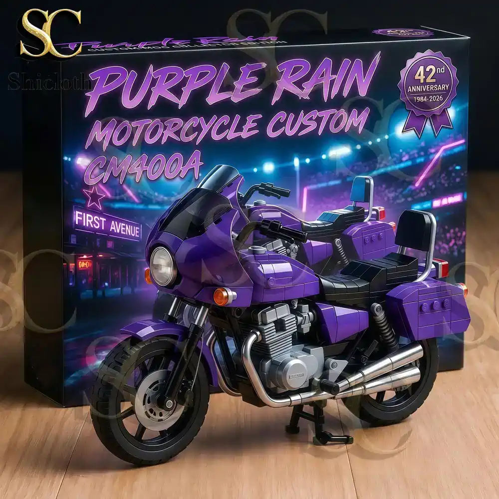 Purple motorcycle building brick set with retro neon packaging by Shicloth!