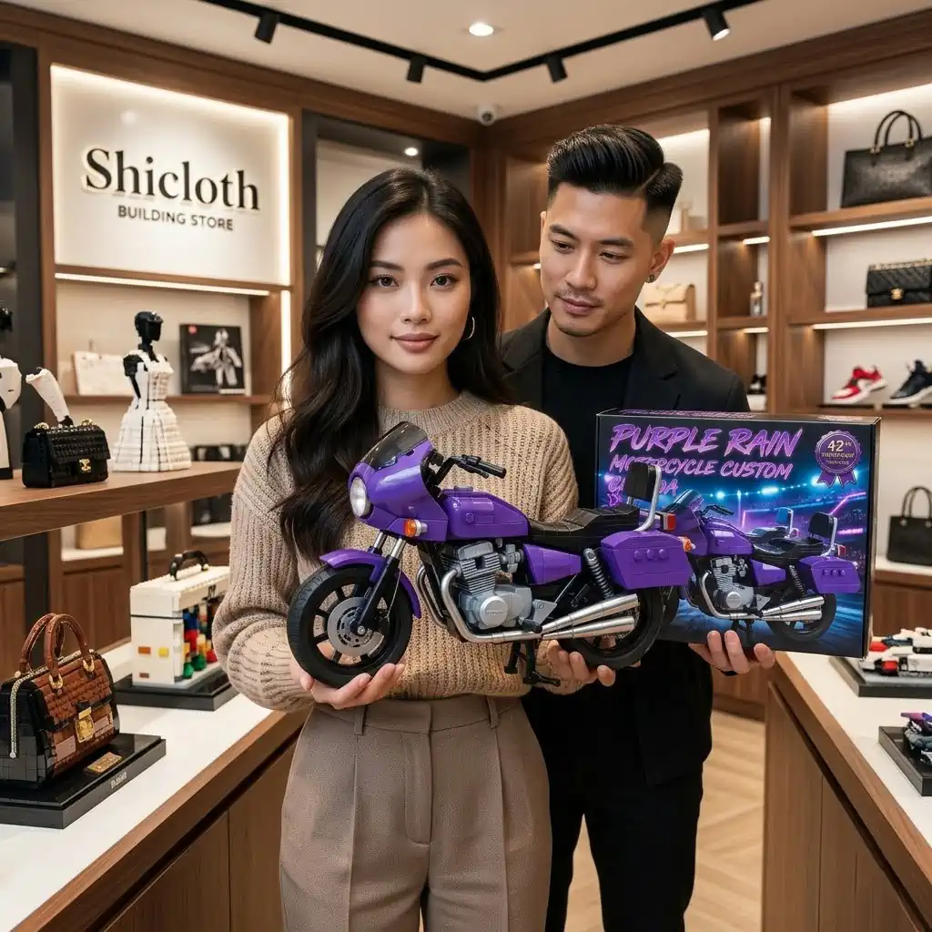 Customers holding purple motorcycle building brick set inside Shicloth store!