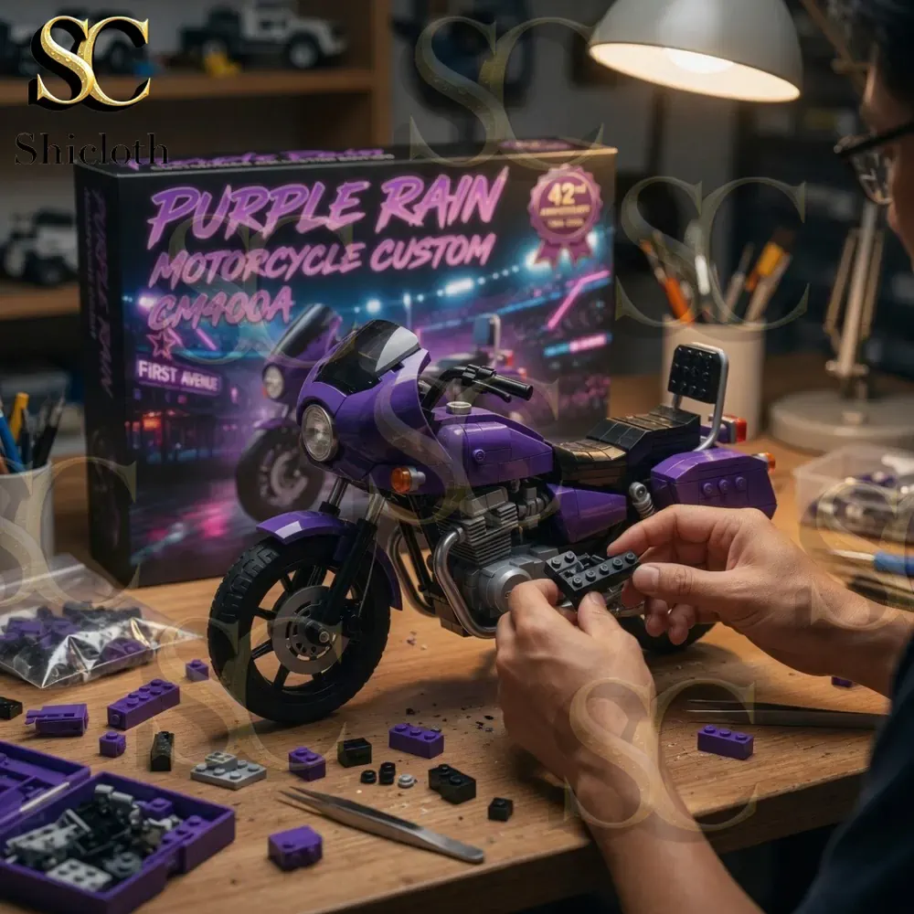 Purple Rain Motorcycle Custom CM400A 42nd Anniversary Collection Building Brick Set 3 Person assembling purple motorcycle building brick set at work desk!