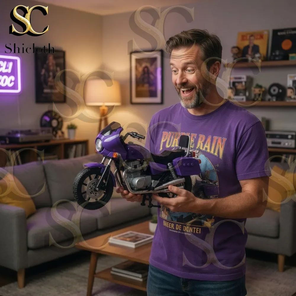Purple Rain Motorcycle Custom CM400A 42nd Anniversary Collection Building Brick Set 4 This image captures the detailed assembly process of the Purple Rain Motorcycle Custom CM400A building brick set from Shicloth. Surrounded by tools and brick pieces the builder carefully creates the purple motorcycle model while enjoying a relaxing and immersive hobby experience!