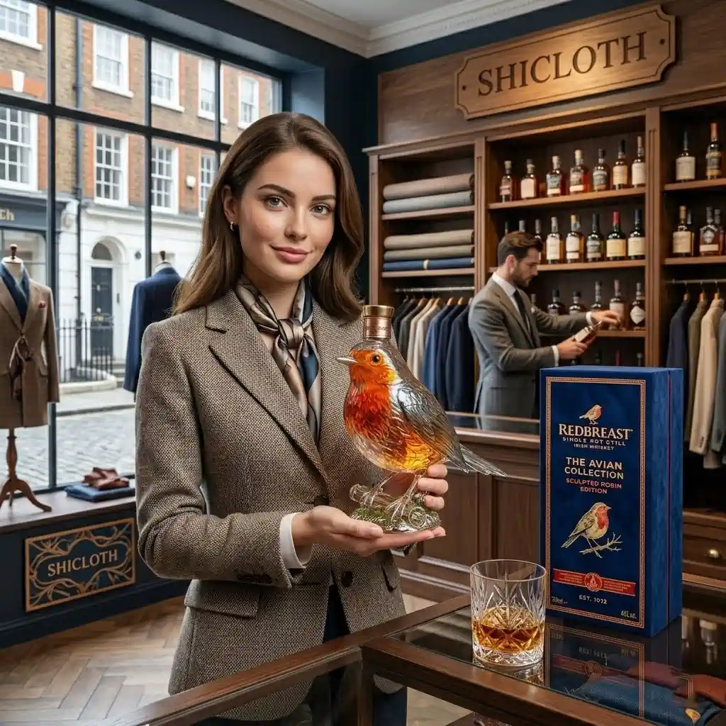 Woman holding a sculpted robin whiskey bottle inside a luxury Shicloth store!