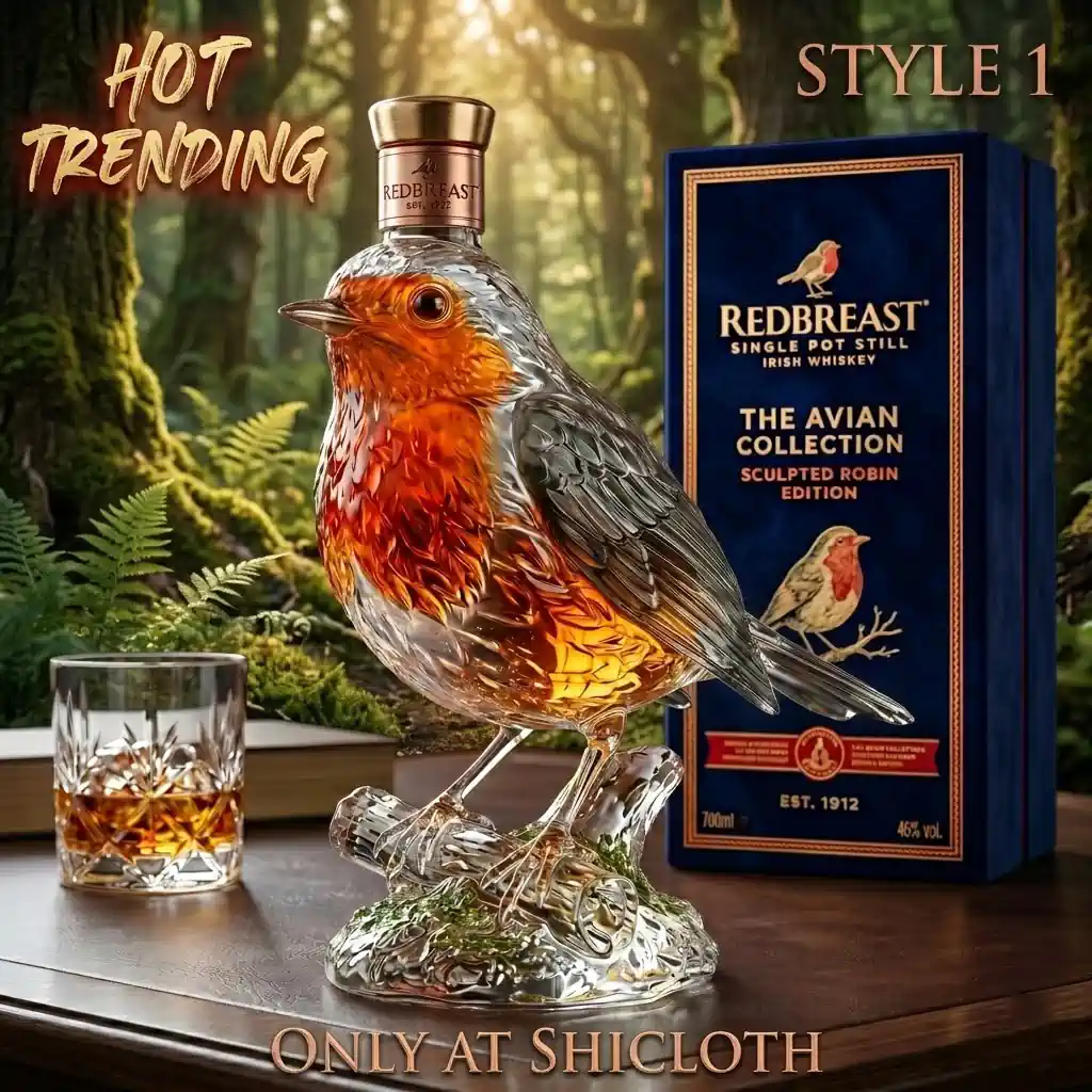 Robin shaped whiskey bottle with forest background and blue collector box!