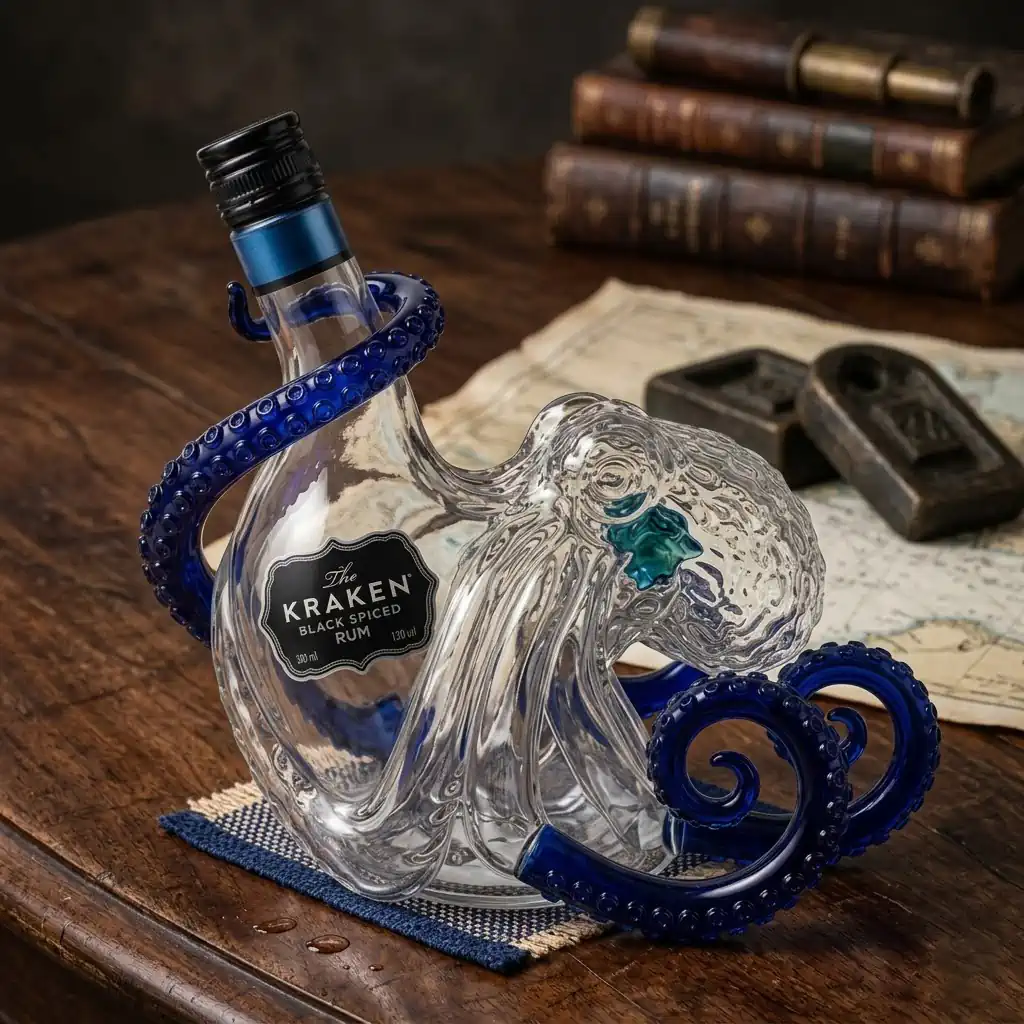 Kraken octopus shaped rum bottle with blue tentacles on vintage wooden table!