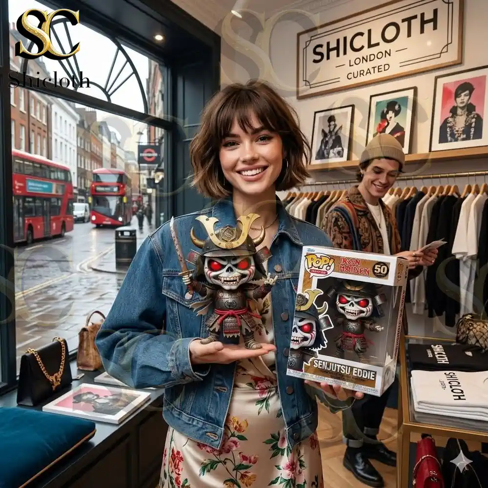 woman holding samurai skull figure in fashion shop