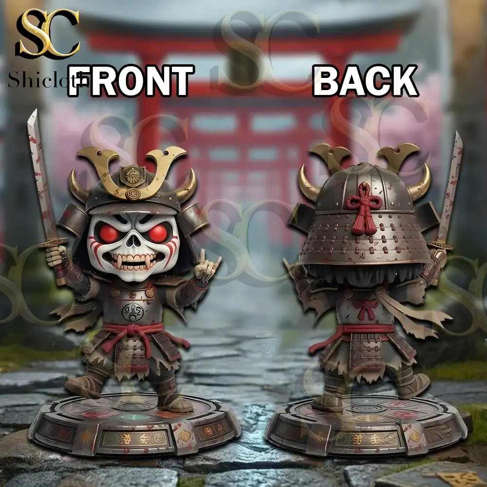 front and back view of samurai skull figure