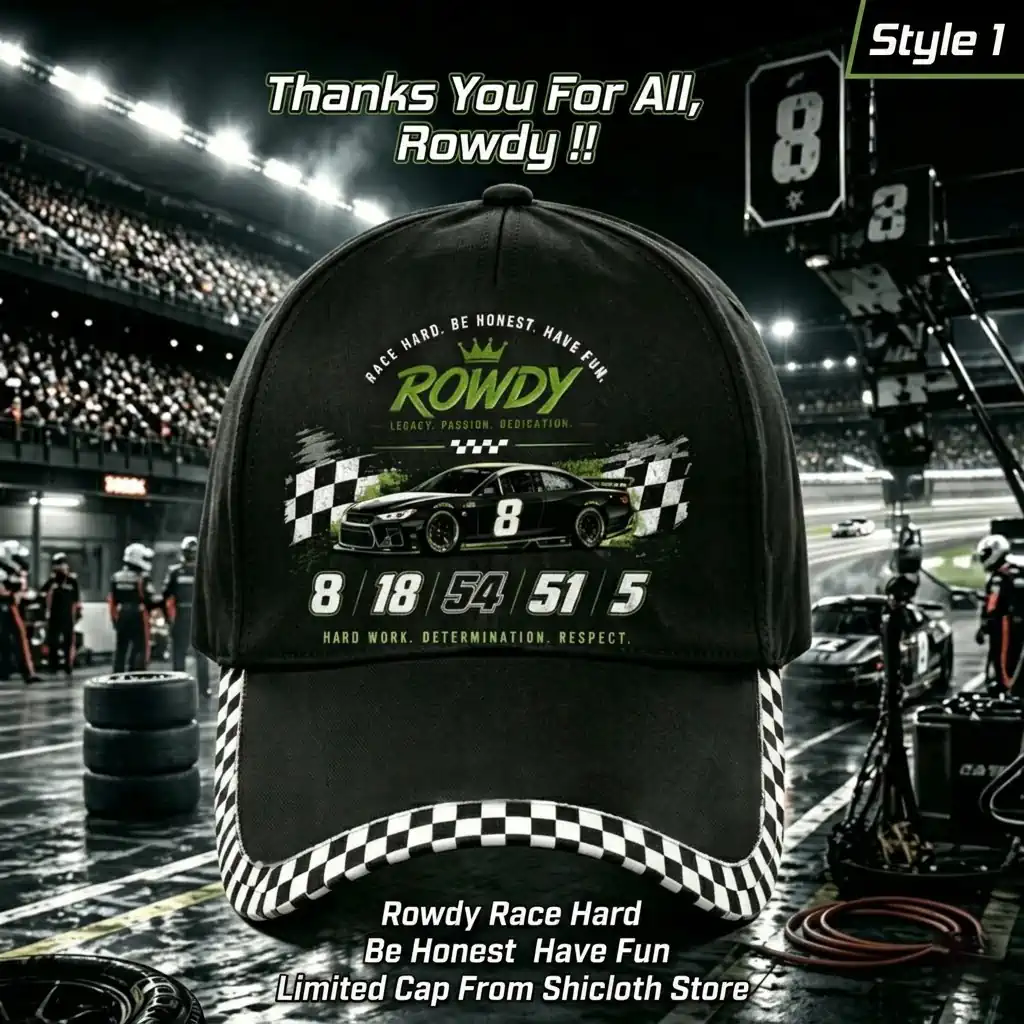 Black race car themed baseball cap with checkered brim featuring number 8.