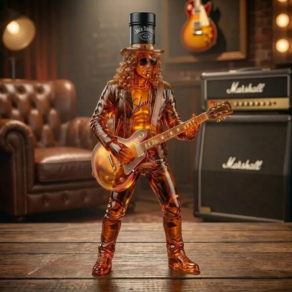 NEW Jack Daniel’s Slash Signature Electric Guitar Whiskey Bottle 7 Amber resin figurine of guitarist Slash wearing a Jack Daniel's top hat