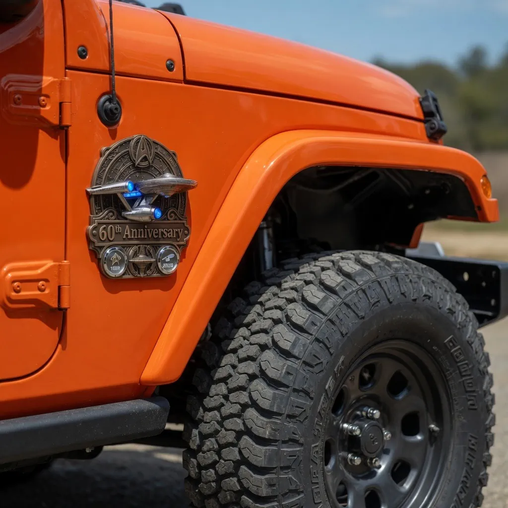 Orange Jeep Wrangler featuring a Star Trek 60th Anniversary emblem on the fender