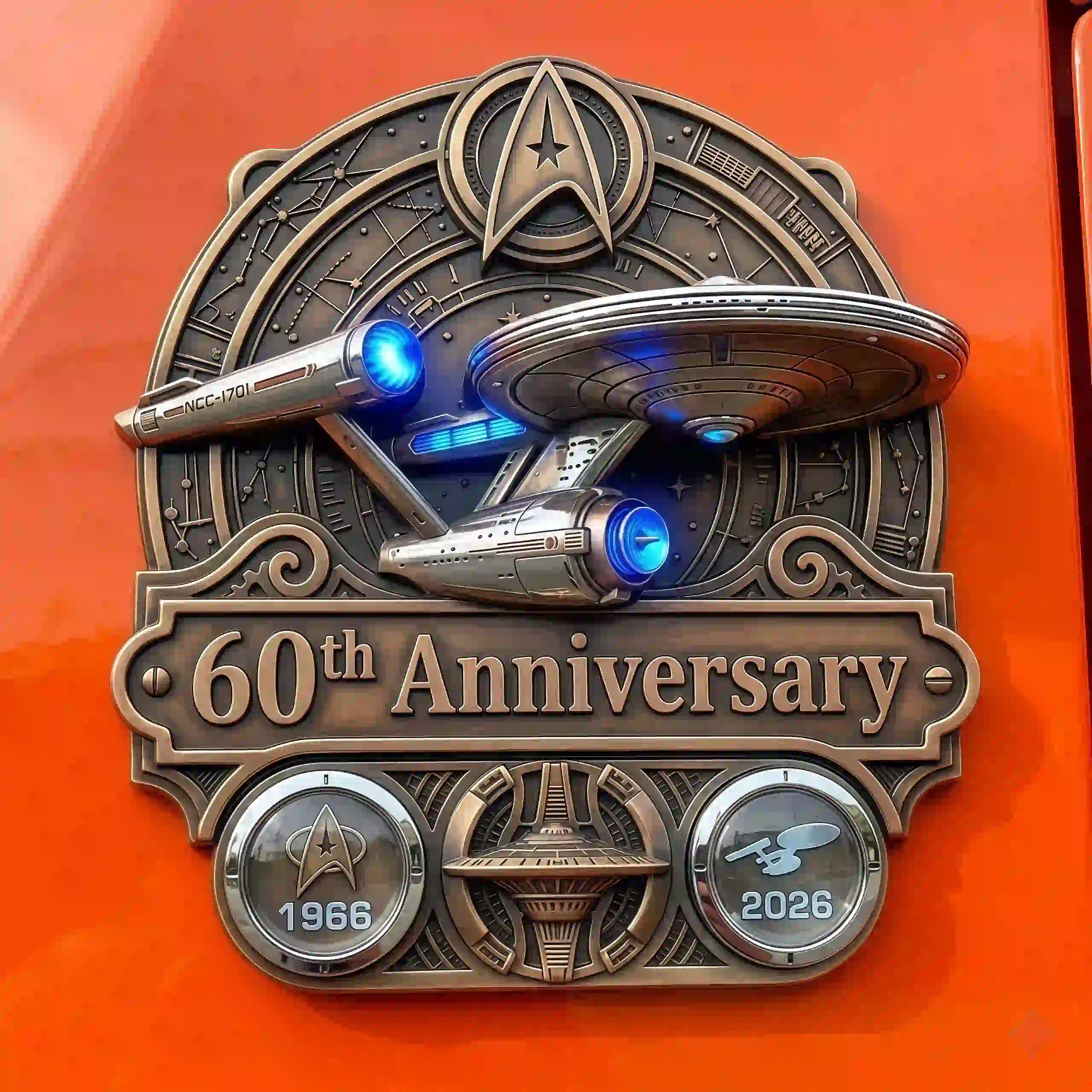 Star Trek 60th Anniversary bronze commemorative emblem with USS Enterprise model.