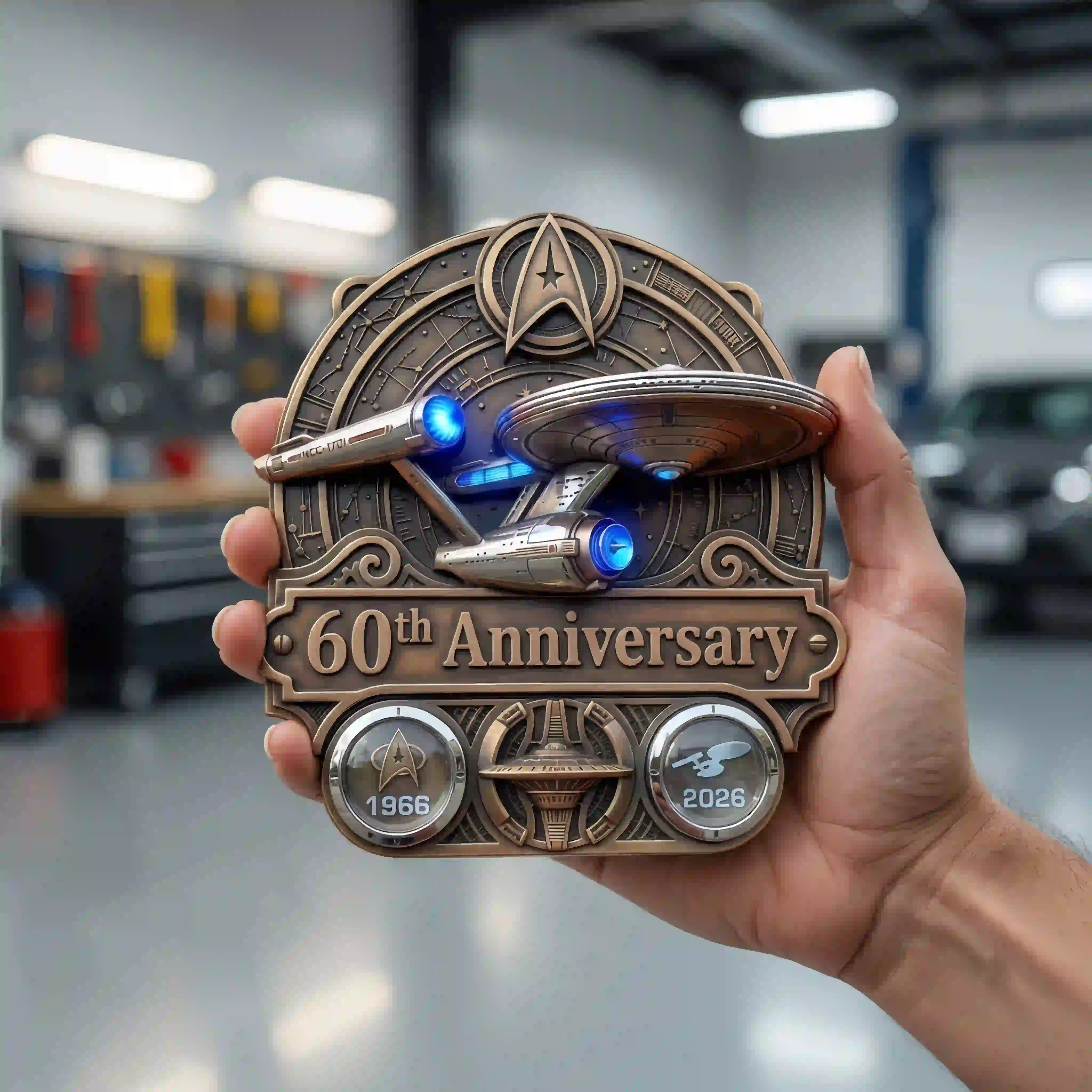 ST 60th Anniversary USS Enterprise NCC-1701 Commemorative Badge 3 Star Trek 60th anniversary bronze collector medallion held in a hand