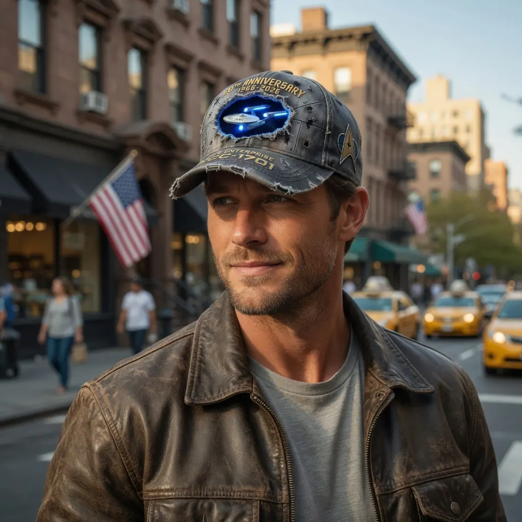 Man wearing a distressed Star Trek 60th anniversary baseball cap in a city setting