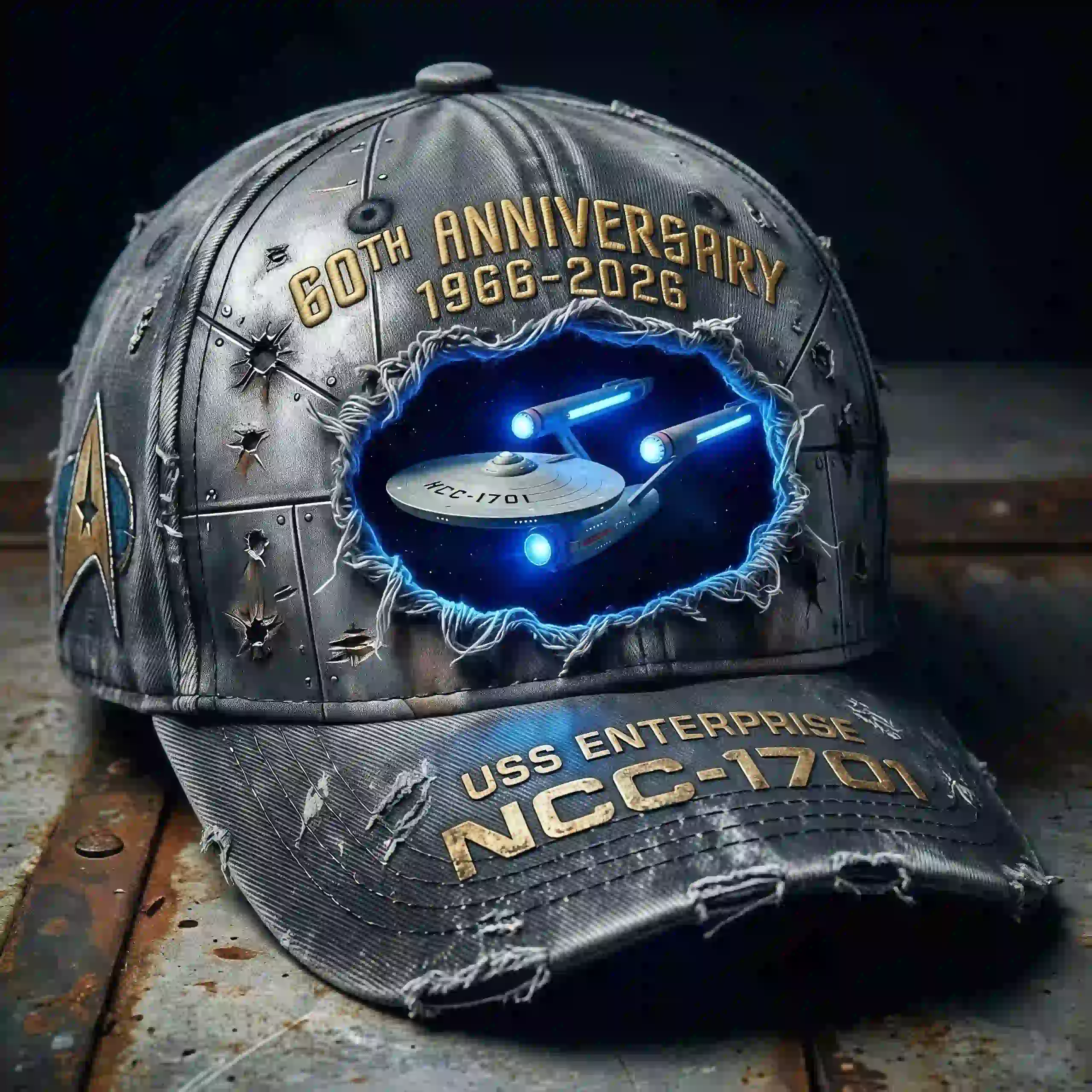 Star Trek 60th anniversary distressed baseball cap featuring the USS Enterprise