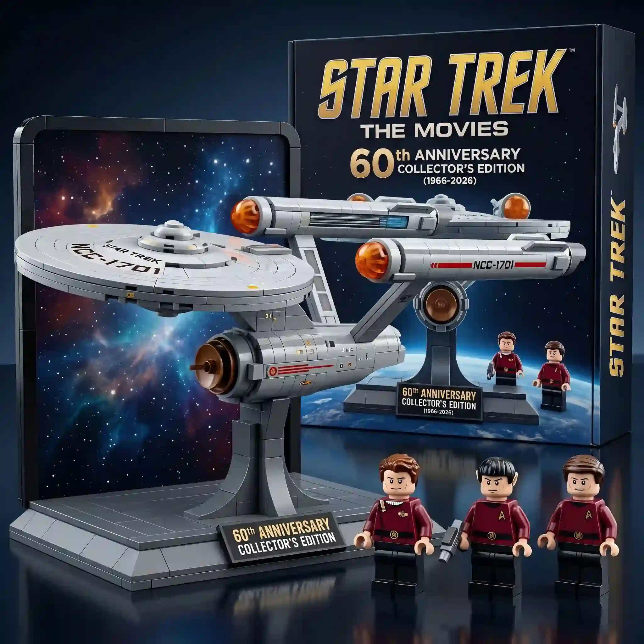 Star Trek building block set with starship and figures and product packaging!