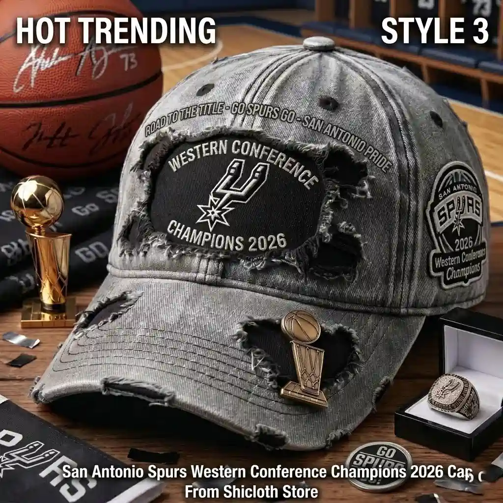 San Antonio Spurs Western Conference Champions 2026 Cap 3 Distressed grey San Antonio Spurs 2026 Western Conference Champions baseball cap