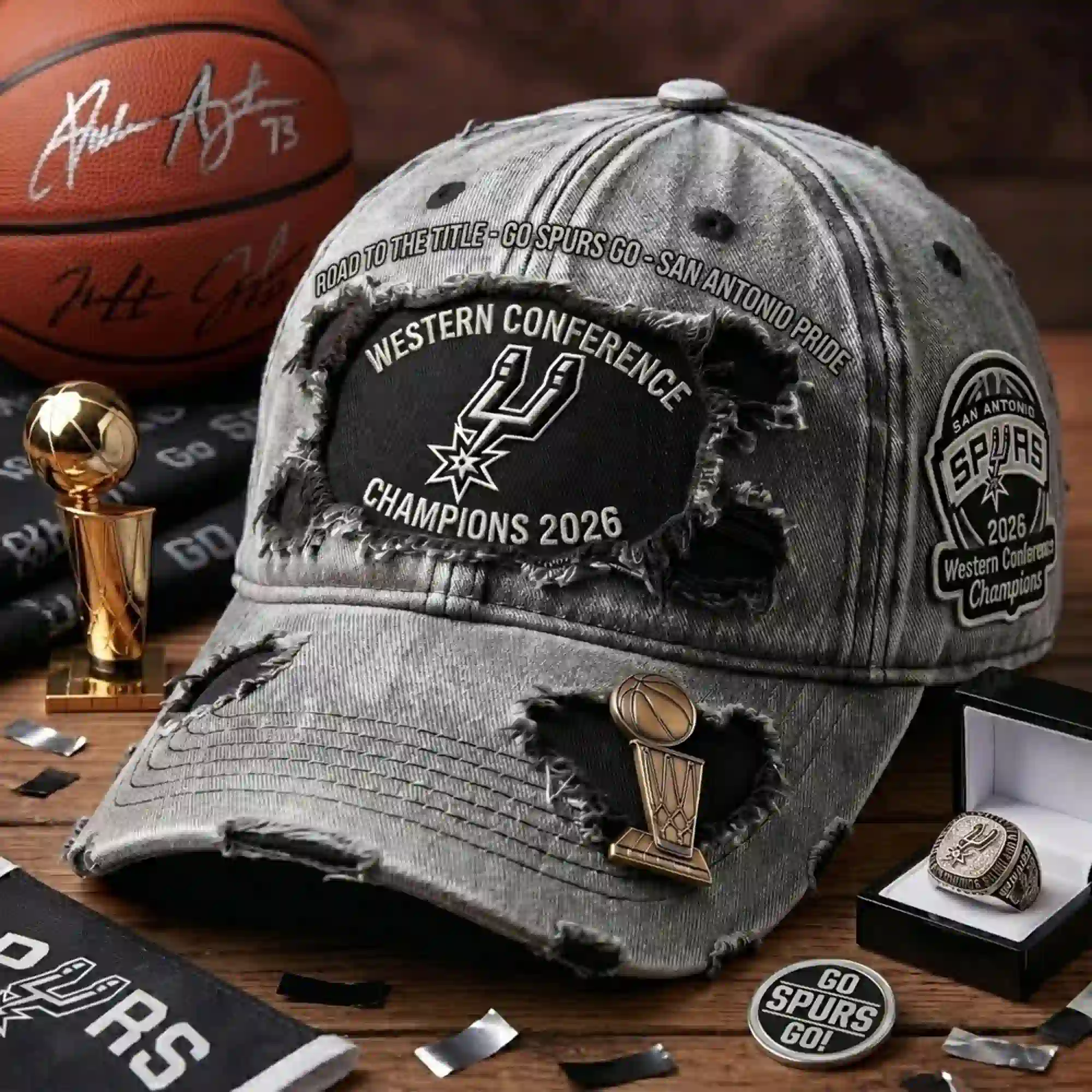 San Antonio Spurs Western Conference Champions 2026 Cap 6 San Antonio Spurs 2026 Western Conference Champions distressed baseball cap.