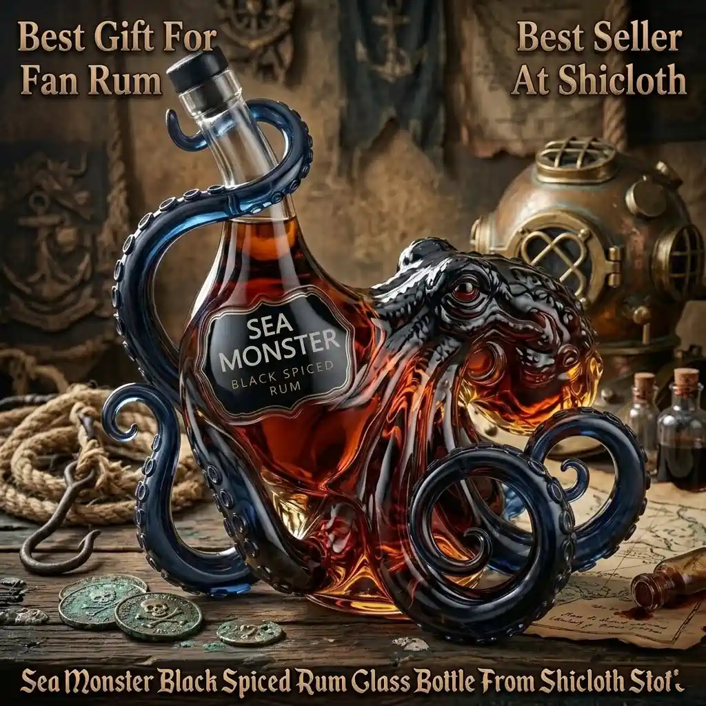Sea Monster black spiced rum bottle shaped like an octopus on a pirate-themed table.
