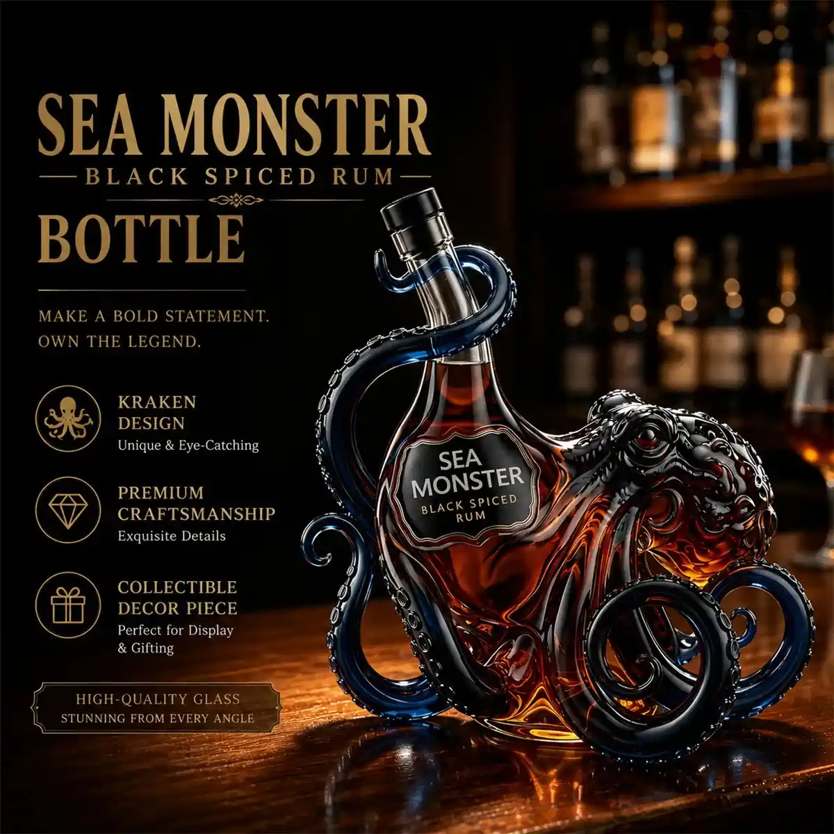 Sea Monster Black Spiced Rum bottle featuring a unique octopus-shaped glass design on a bar counter.