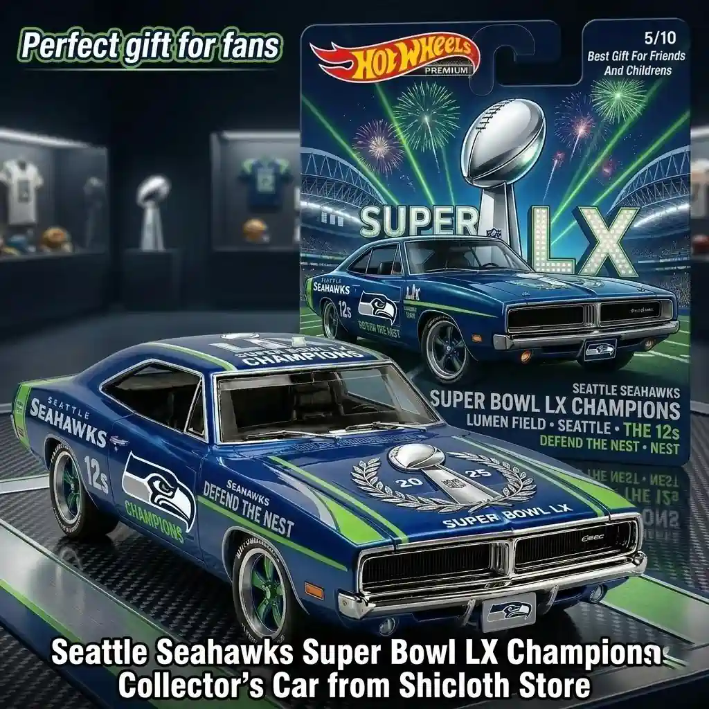 Blue Seattle Seahawks Super Bowl LX Champion collectible car with packaging in a display background