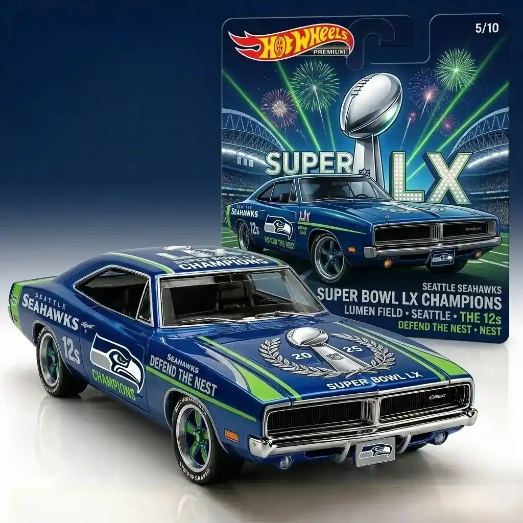 Blue Seattle Seahawks Super Bowl LX Champion collectible car with packaging on a plain white background