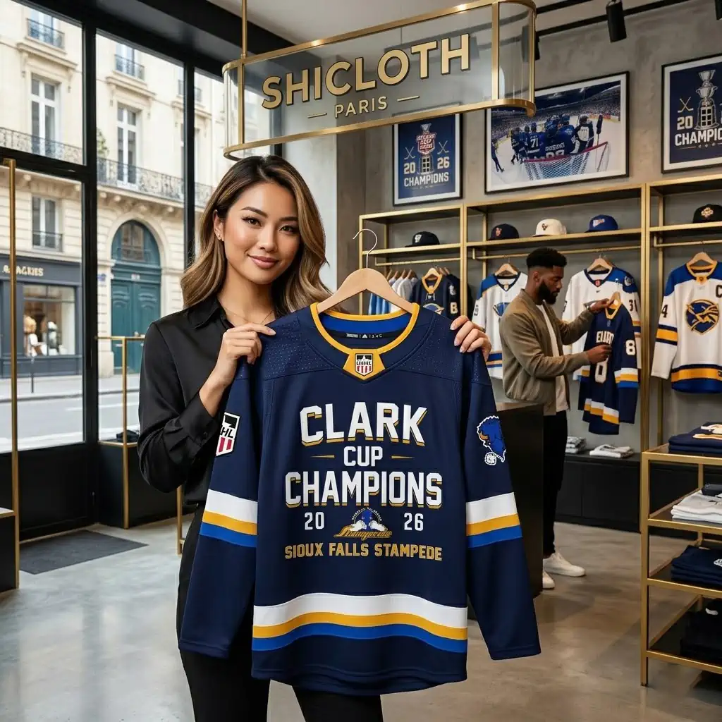Woman holding a Sioux Falls Stampede Clark Cup Champions jersey in a clothing store.