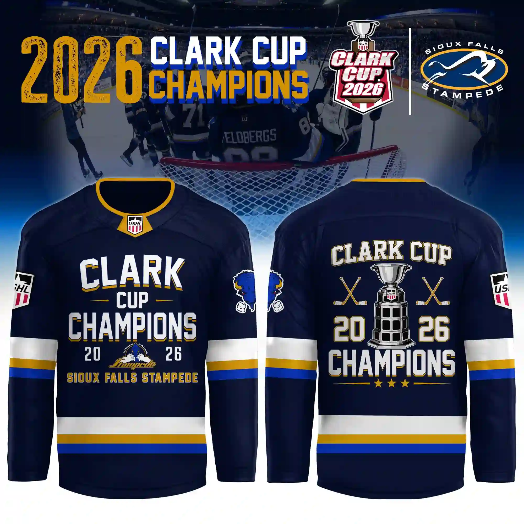 Front and back view of 2026 Sioux Falls Stampede Clark Cup Champions hockey jersey