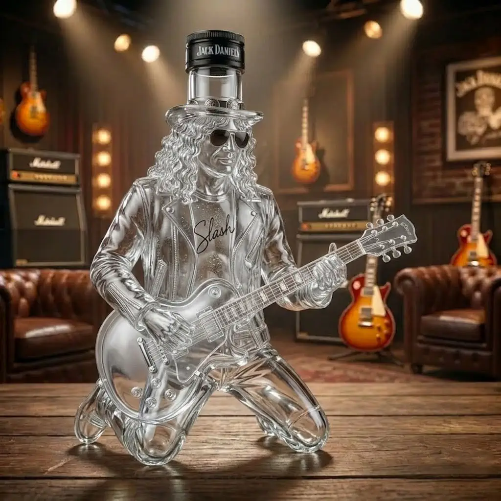 NEW Jack Daniel’s Slash Signature Electric Guitar Whiskey Bottle 11 Crystal glass decanter shaped like guitarist Slash playing an electric guitar