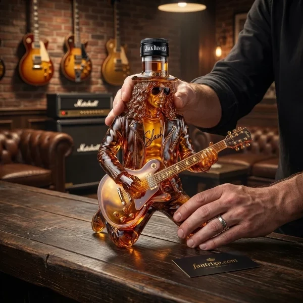NEW Jack Daniel’s Slash Signature Electric Guitar Whiskey Bottle 12 A person holding a sculpted glass bottle shaped like the guitarist Slash playing a Gibson Les Paul