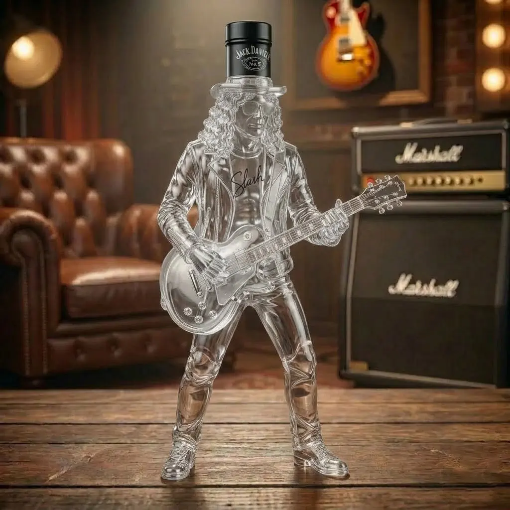 NEW Jack Daniel’s Slash Signature Electric Guitar Whiskey Bottle 8 Crystal Jack Daniel's Slash signature bottle on a wooden floor