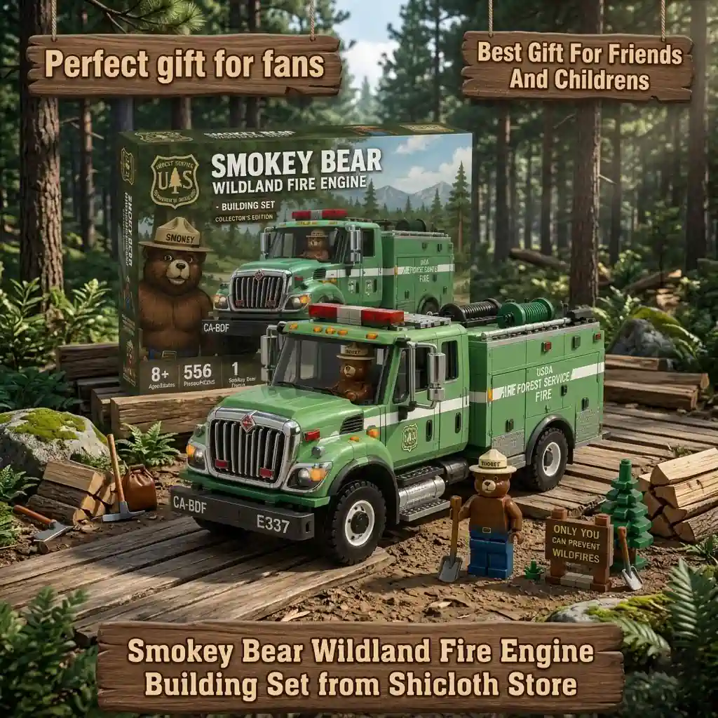 Smokey Bear wildland fire engine building set in forest display from Shicloth Store!