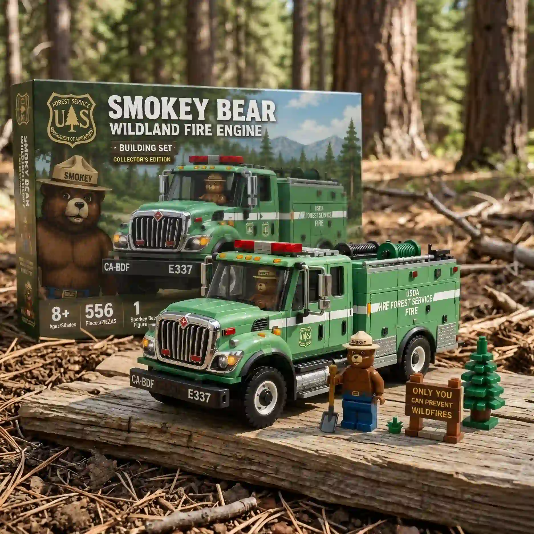 Smokey Bear fire engine building set on forest log from Shicloth Store!