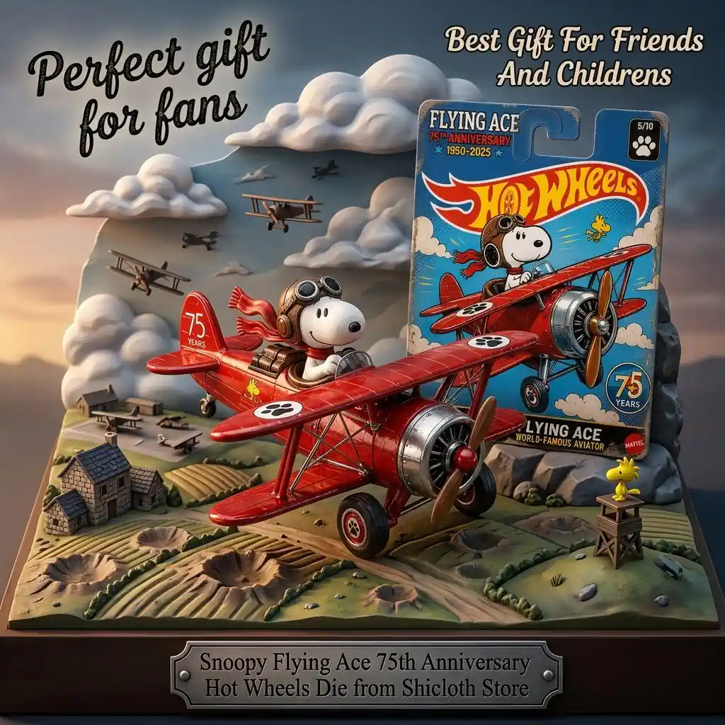 Snoopy Flying Ace Hot Wheels 75th Anniversary display with toy airplane and packaging