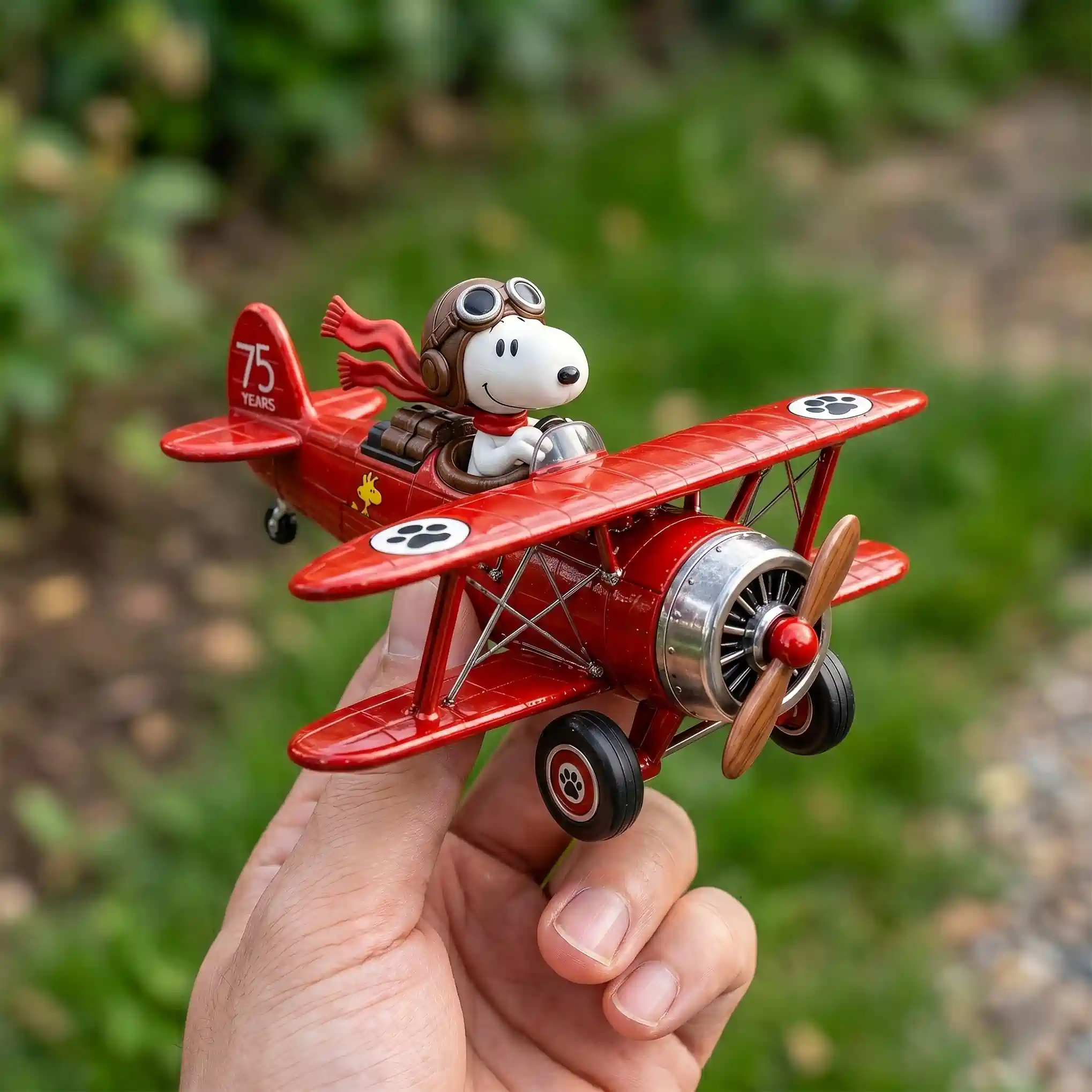 Hand holding Snoopy Flying Ace Hot Wheels 75th Anniversary toy airplane outdoors