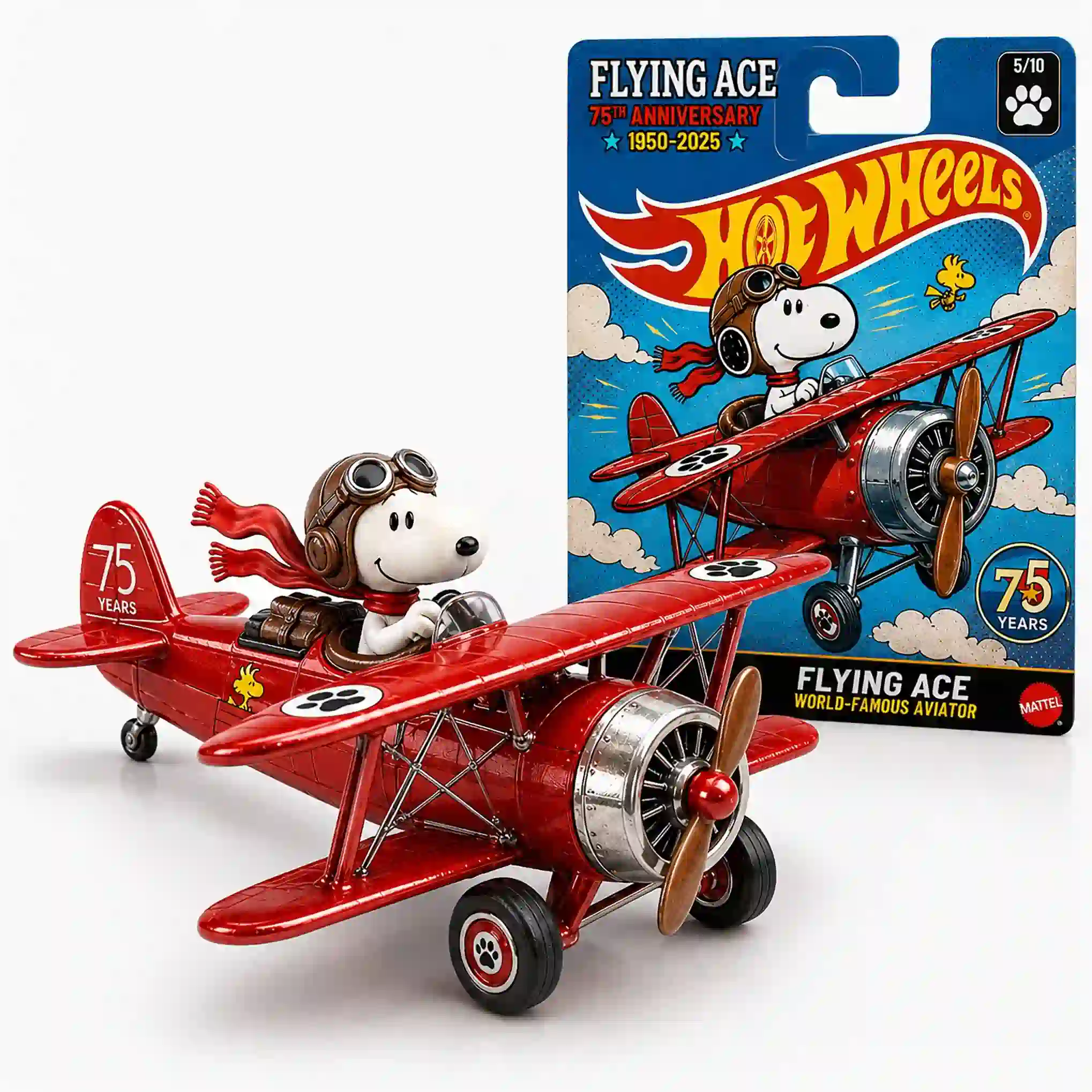 Snoopy Flying Ace 75th Anniversary Hot Wheels Die 3 Close-up of Snoopy Flying Ace Hot Wheels 75th Anniversary toy with packaging