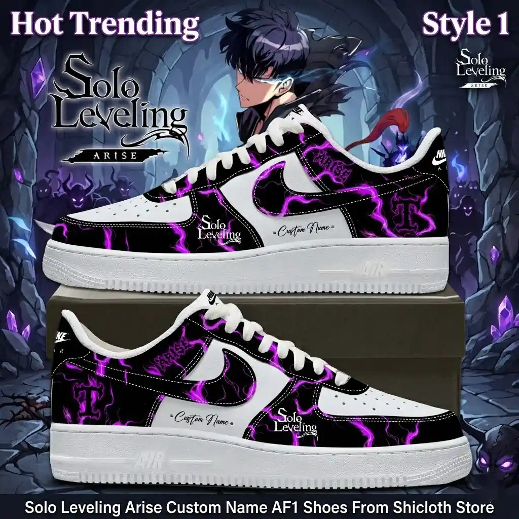 Custom Solo Leveling Arise Nike Air Force 1 sneakers with purple lightning and anime character graphics.