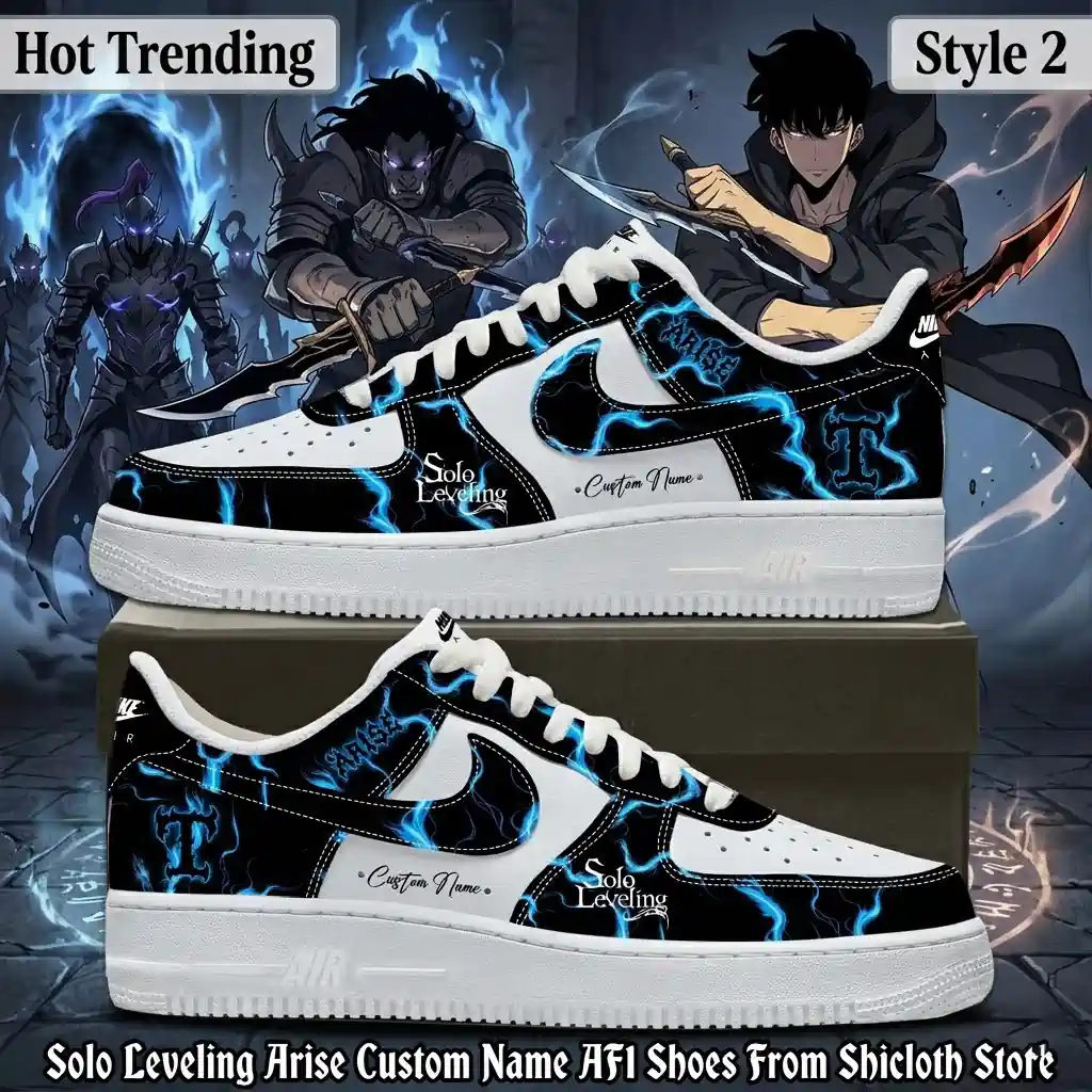 Custom Solo Leveling Arise themed Nike Air Force 1 sneakers with blue lightning energy graphics.