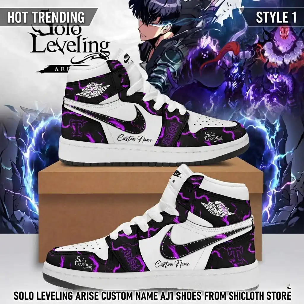 Custom Solo Leveling Arise themed high-top sneakers with purple lightning and black and white design.