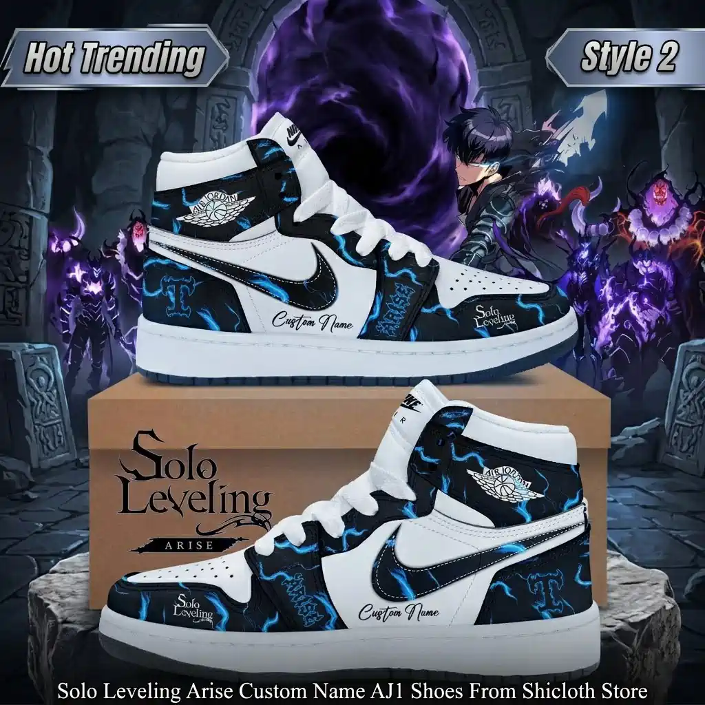 Custom high-top sneakers inspired by the Solo Leveling anime series with blue lightning patterns.