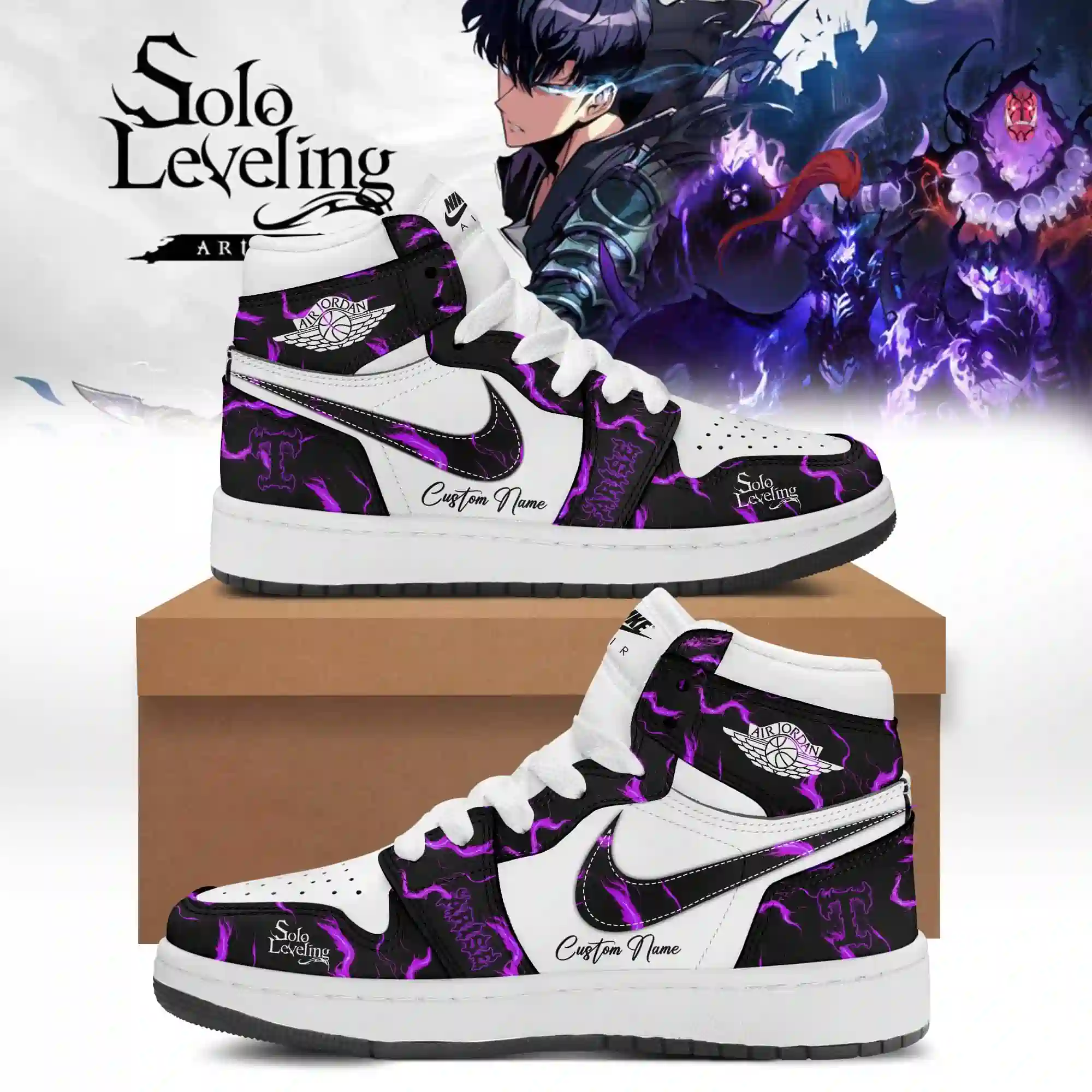 Solo Leveling Arise Custom Name AJ1 Shoes 3 Custom high-top sneakers inspired by Solo Leveling with purple flame graphics.