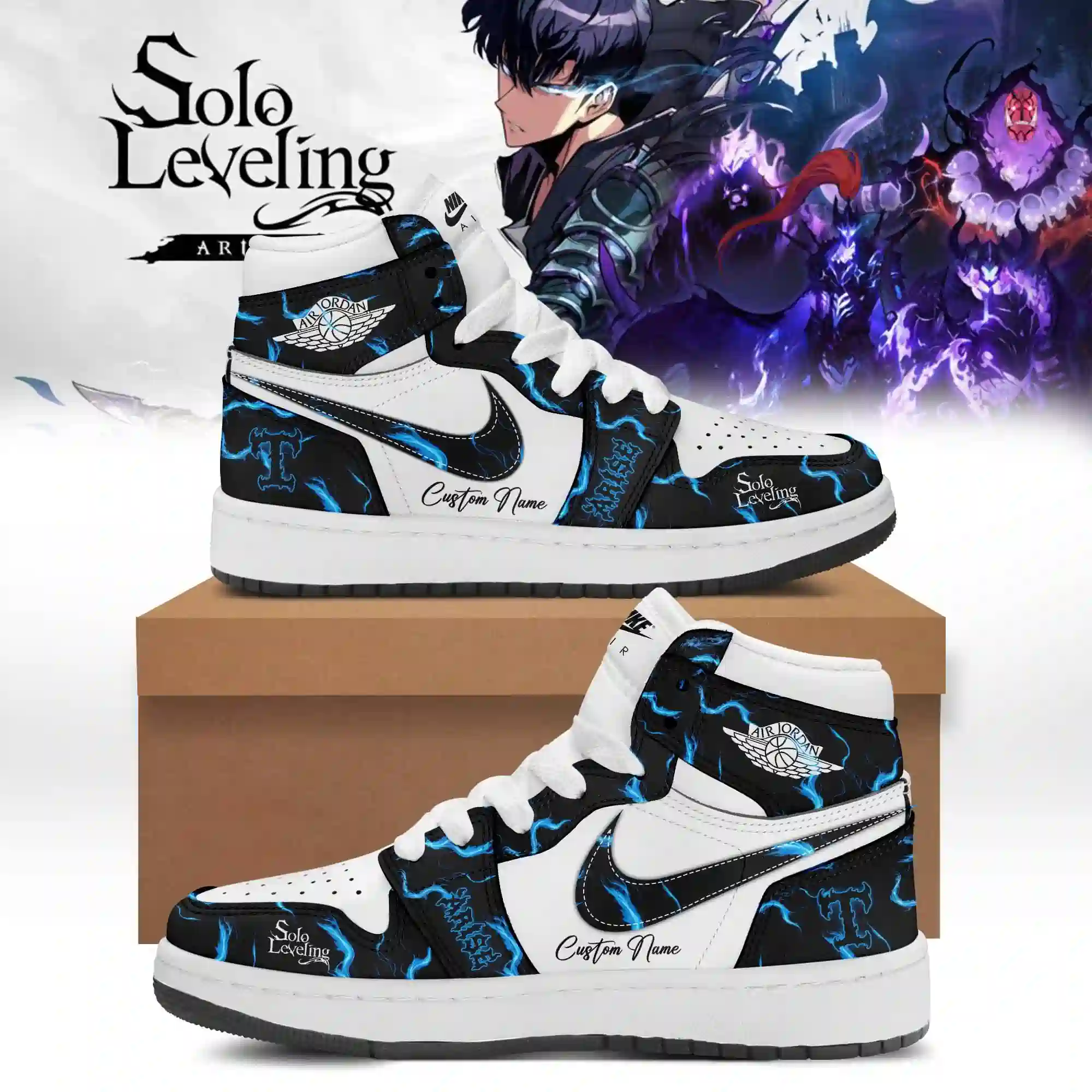 Solo Leveling Arise Custom Name AJ1 Shoes 4 Custom high-top sneakers inspired by the Solo Leveling anime series featuring blue lightning and Jin-Woo Sung graphics