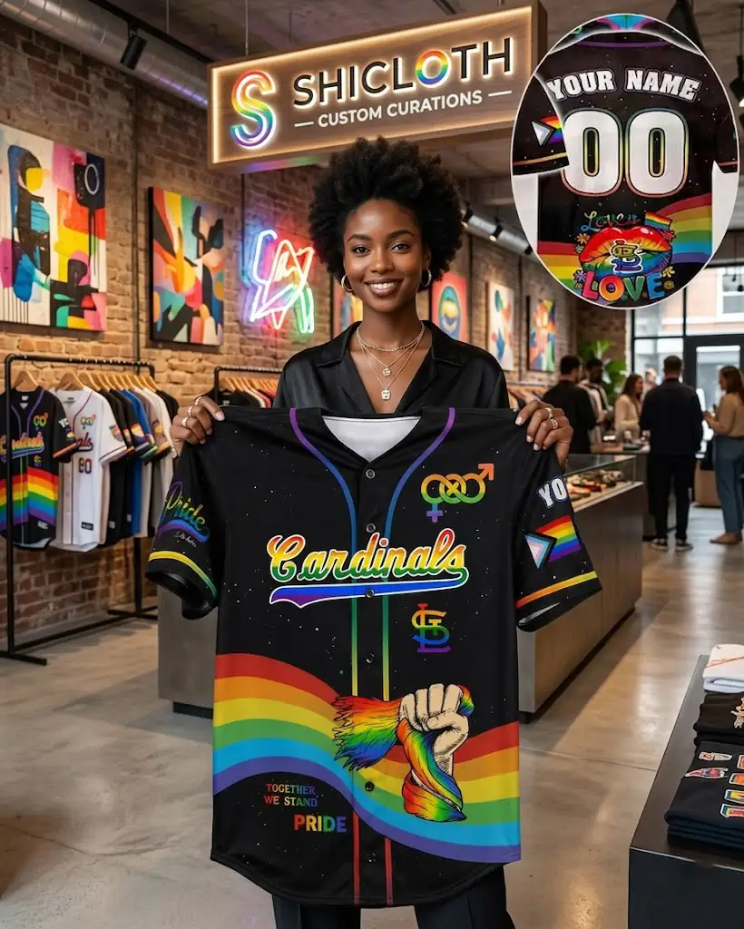 Woman holding a custom pride-themed St. Louis Cardinals baseball jersey in a store