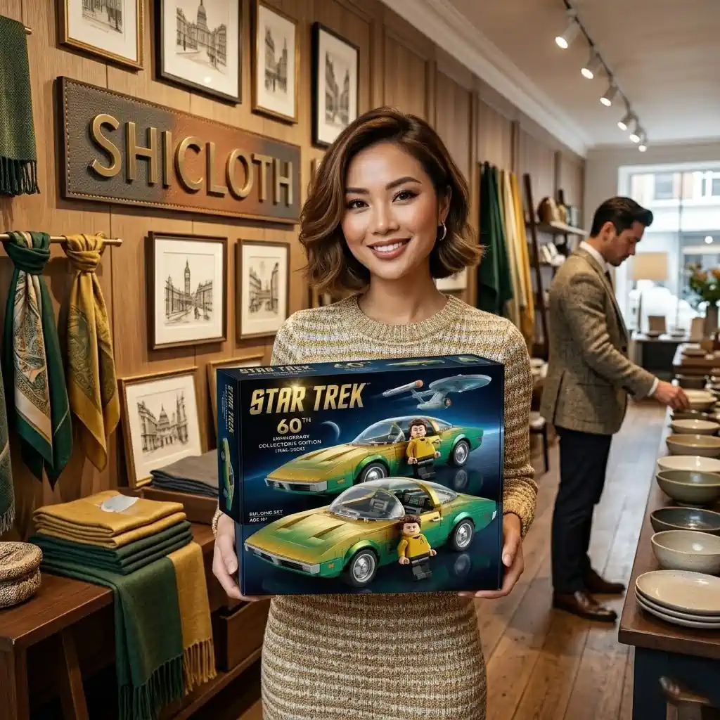 Woman holding Shicloth Star Trek building car set in store!