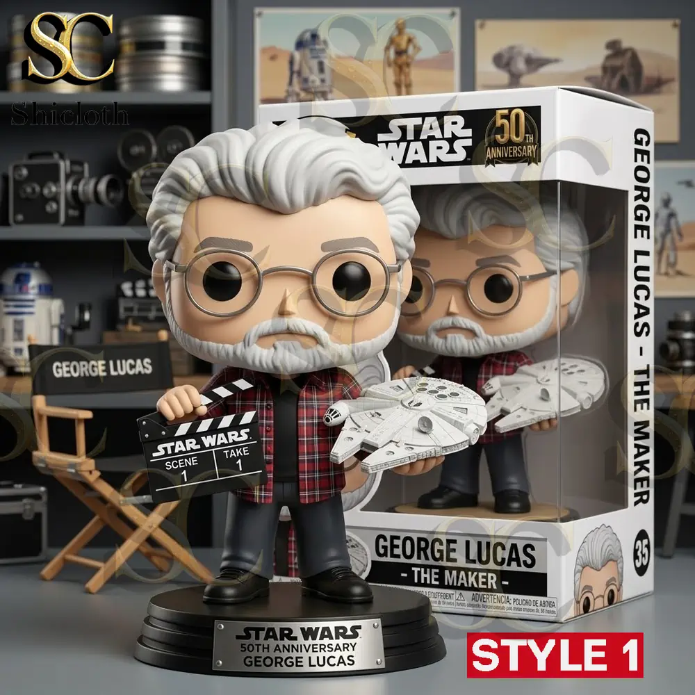 George Lucas Star Wars anniversary vinyl figure holding movie clapper and spaceship!