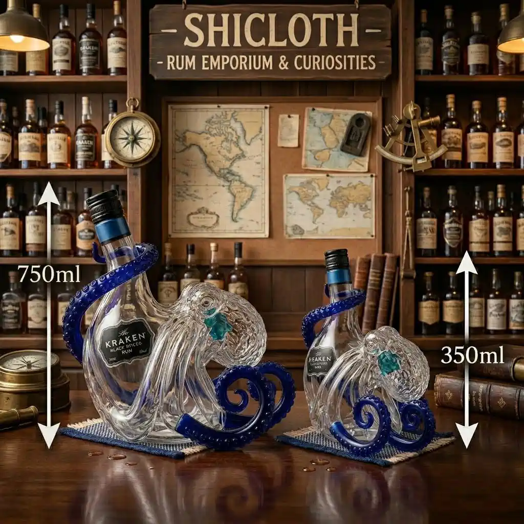 Large and small Kraken octopus rum bottles displayed inside Shicloth rum shop!
