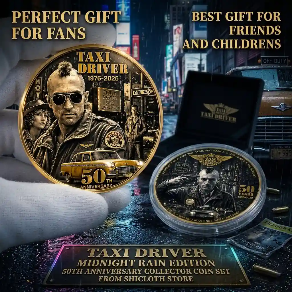 A gloved hand holds a golden Taxi Driver fiftieth anniversary collector coin next to another silver coin in a case with a promotional background!