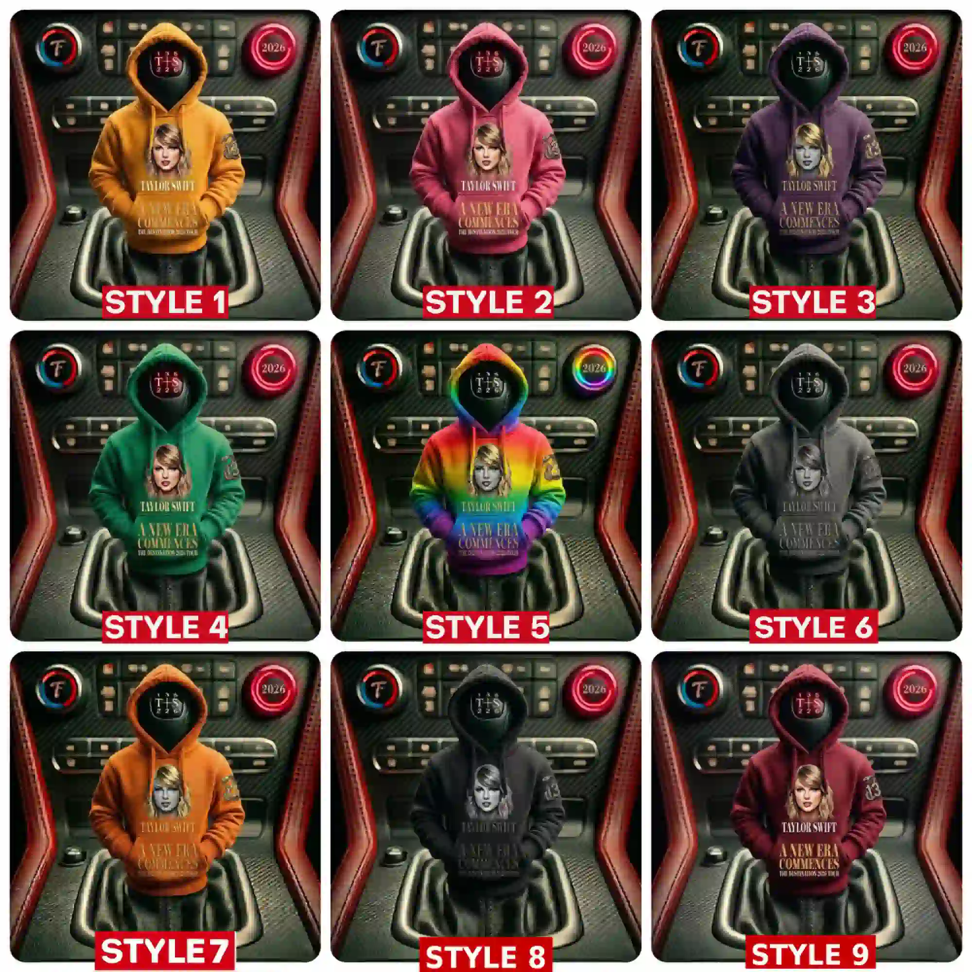 Taylor Swift A New Era Commences tour hoodies in nine color variations displayed on a car gear shift