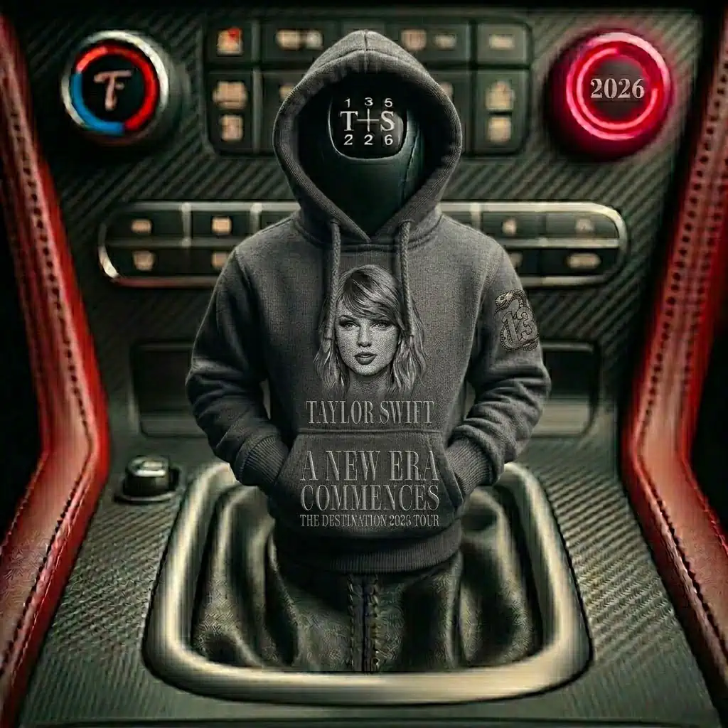 A grey hoodie printed with Taylor Swift imagery draped over a car gear shifter.