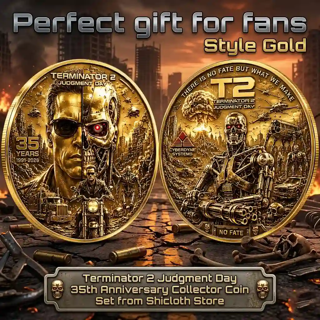 Two detailed gold coins with detailed Terminator 2 movie imagery showing Arnold Schwarzenegger character and endoskeleton and a nuclear explosion and text Perfect gift for fans Style Gold and descriptive product text at the bottom!